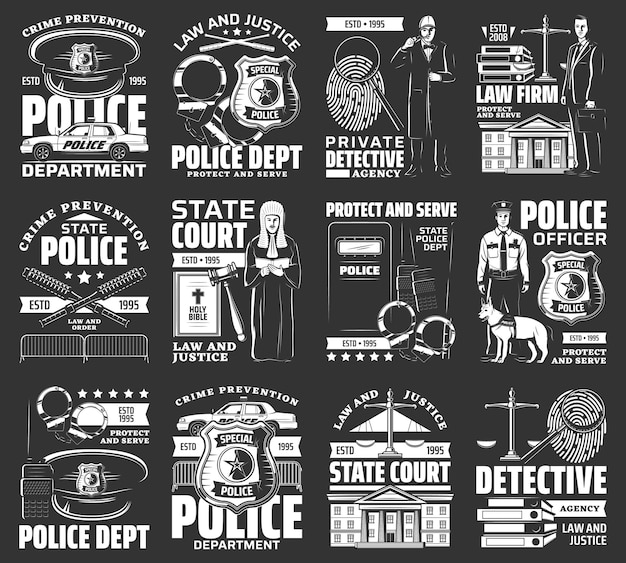 Vector law and order vector icons monochrome signs set