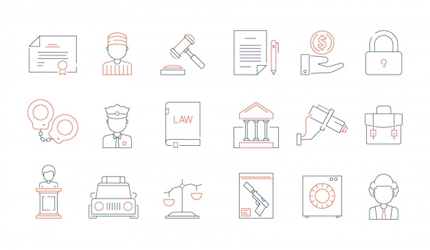 Law thin symbols. licence accounting legal justice lawyer vector linear colored icon collection