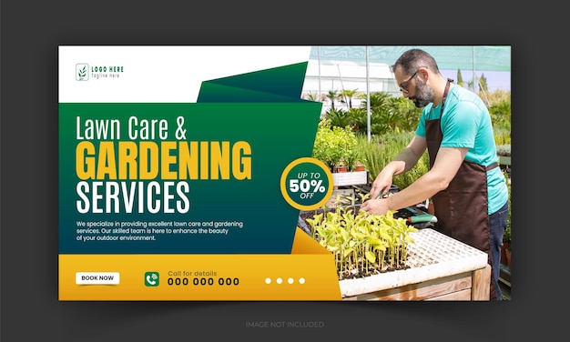 Lawn Care Garden Service YouTube Video Thumbnail Flat Design Template Horizontal Banner Web Banner