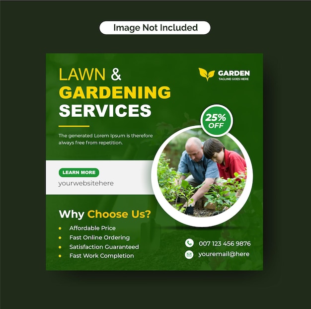 Vector lawn care or gardening landscaping service instagram post and  social media banner flyer template