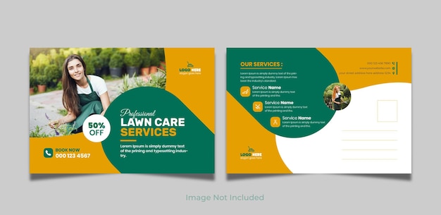 Vector lawn care or landscaping service postcard design