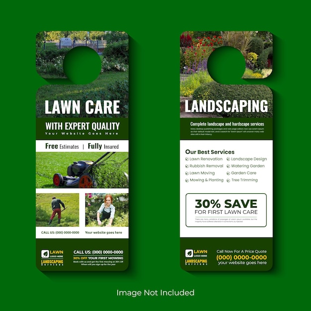 Vector lawn care and maintenance, lawn trimming, door hanger template, lawn mower, landscaping door hanger