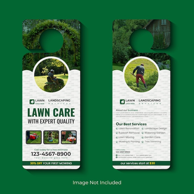 Lawn care and maintenance, lawn trimming, door hanger template, lawn mower, landscaping door hanger