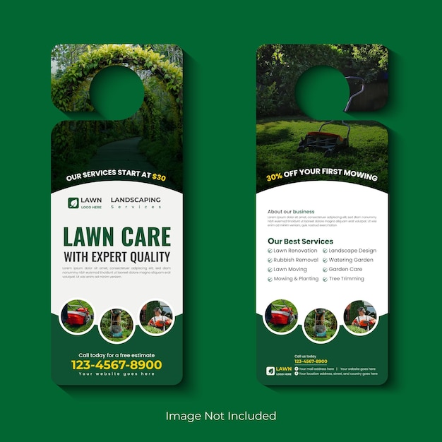 Vector lawn care and maintenance, lawn trimming, door hanger template, lawn mower, landscaping door hanger