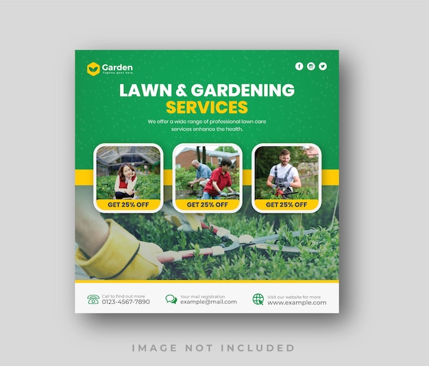 Vector lawn and garden care maintenance social media post design template