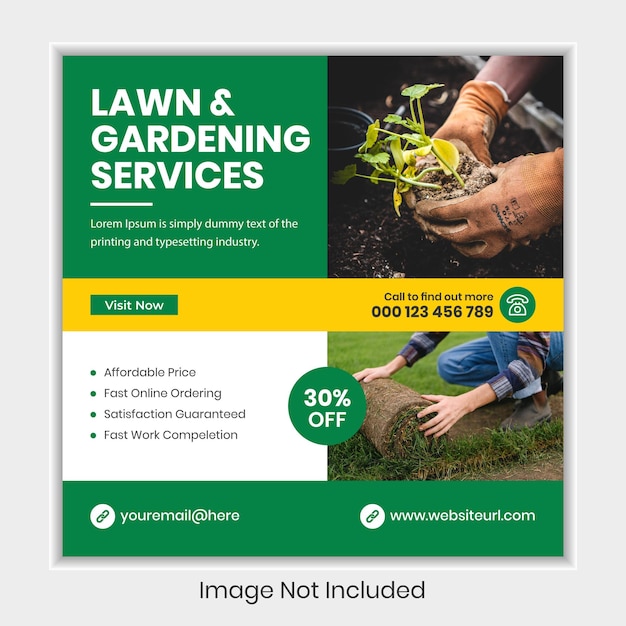 Lawn garden or landscaping service social media post and Lawnmower promotion banner design