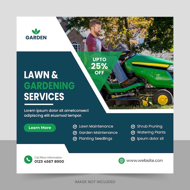 Vector lawn and gardening or landscaping service social media post and web banner template design