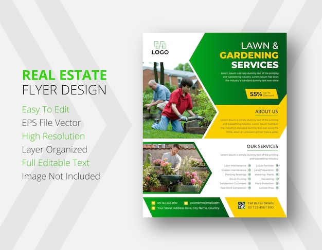 Vector lawn and gardening service flyer or agricultural and farming service flyer template