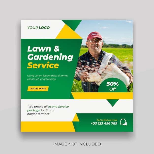 Vector lawn gardening service social media post and agriculture square banner premium vector