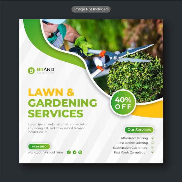 Lawn and gardening service social media post and web banner design template