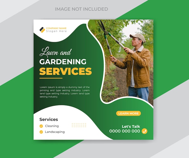 Lawn and gardening service social media post and web banner design template