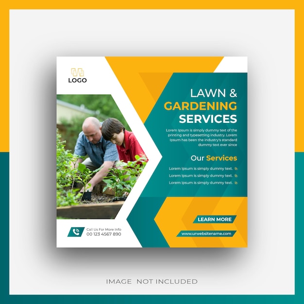 Lawn and gardening service social media post and web banner template or square flyer design