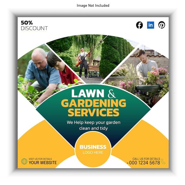 Vector lawn or gardening service social media post and web banner template