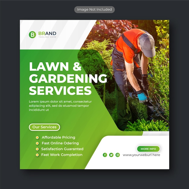 Vector lawn and gardening service social media post and web banner template