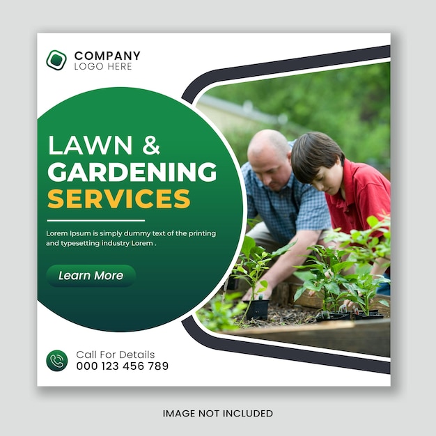 Vector lawn or gardening service social media post and web banner template