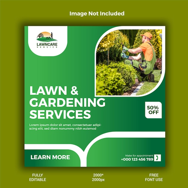 Vector lawn or gardening service social media post and web banner template