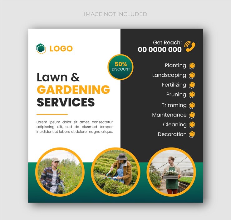 Lawn Gardening services social media post design template or Square web banner