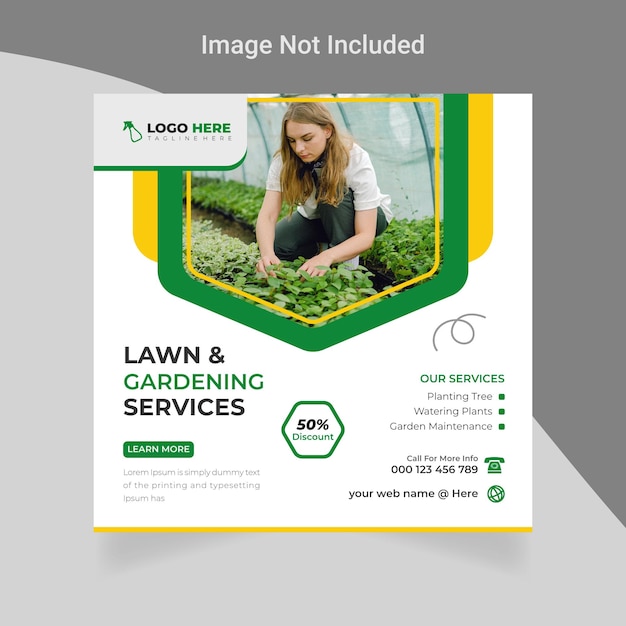 Vector lawn gardening services and web banner farming social media post template design