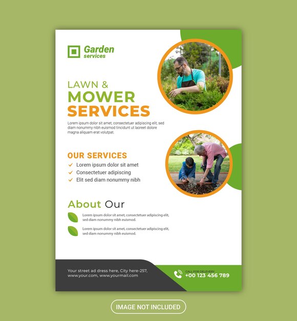 Vector lawn landscaping service or lawn mower garden flyer template