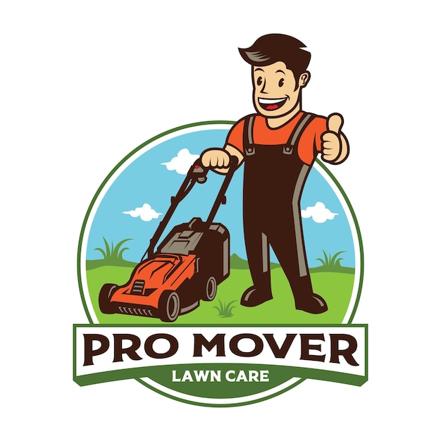 Vector lawn mover worker vector illustration in retro style perfect for lawn care company logo design and