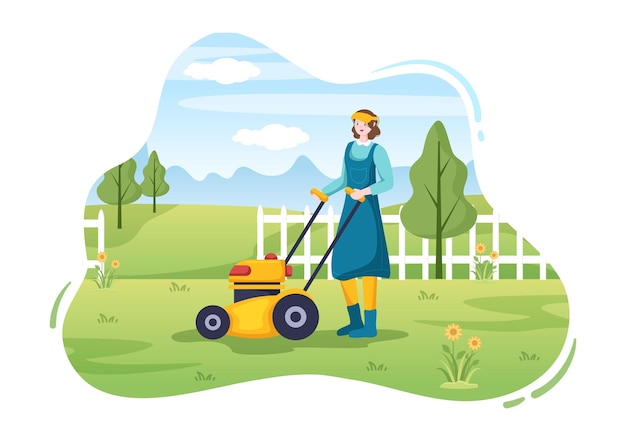 Lawn Mower Cutting Green Grass Trimming and Care on Page or Garden in Flat Cartoon Illustration