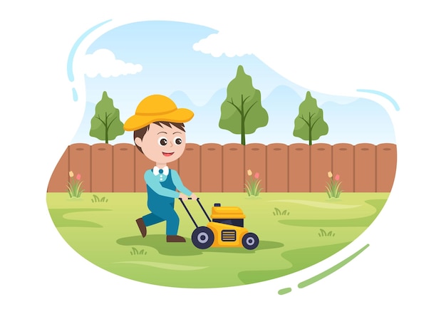 Lawn Mower Cutting Green Grass Trimming and Care on Page or Garden in Flat Cute Cartoon Illustration