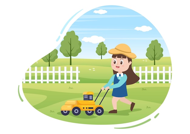 Lawn Mower Cutting Green Grass Trimming and Care on Page or Garden in Flat Cute Cartoon Illustration