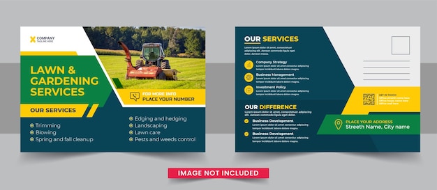 Vector lawn mower garden or landscaping service eddm postcard template design
