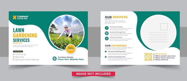 Lawn mower garden or landscaping service postcard template