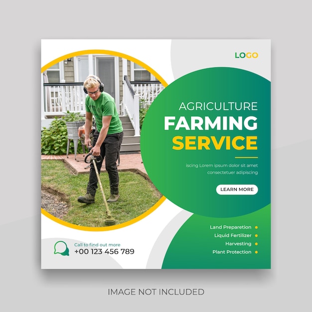 Vector lawn mower social media banner and agriculture instagram post template