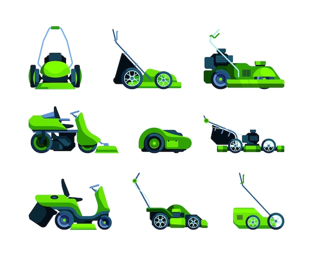 Vector lawn mowing gardening machines tractors for cutting spring green grass and leaves garish vector cartoon colored technics