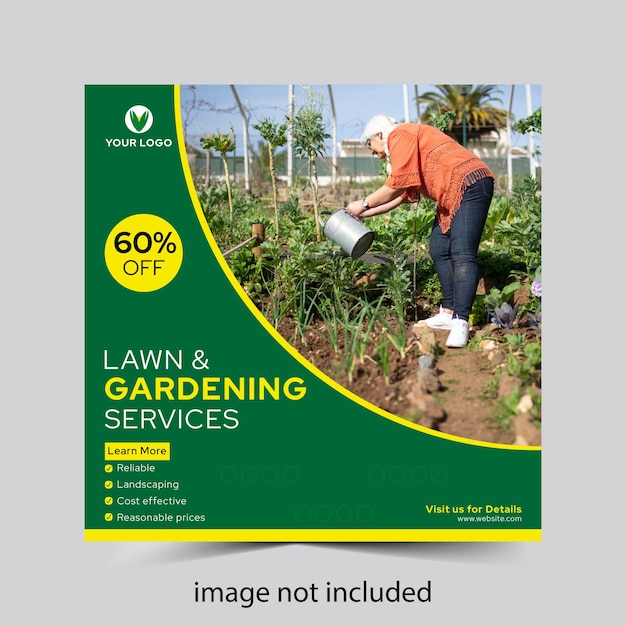 Публикация в социальных сетях и шаблон веб-баннера службы лужайки или садоводства