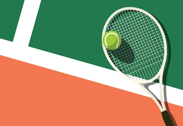 Lawn tennis racket en bal ligt op het tennisveld uitzicht van boven sport poster vector