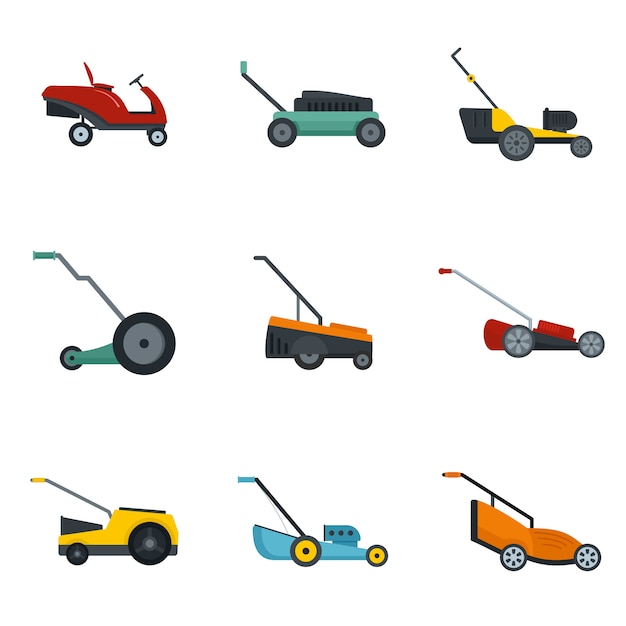 Lawnmower grass garden icons set