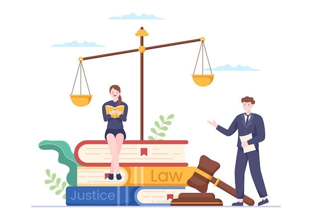 Lawyer Attorney and Justice Illustration with Laws Scales or Wooden Judge Hammer to Consultant