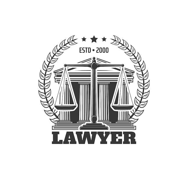 Lawyer icon with courthouse building scales of justice and laurel wreath Advocacy company vintage icon juridical agency or firm monochrome vector symbol justice and law retro emblem