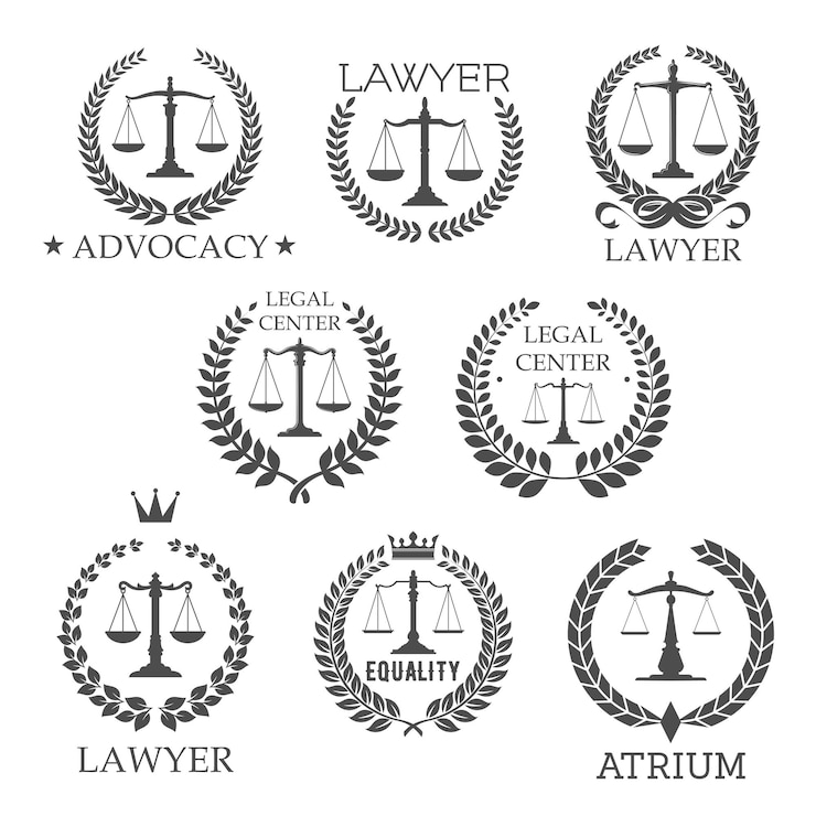 Vector lawyer and law office icons with scales of justice