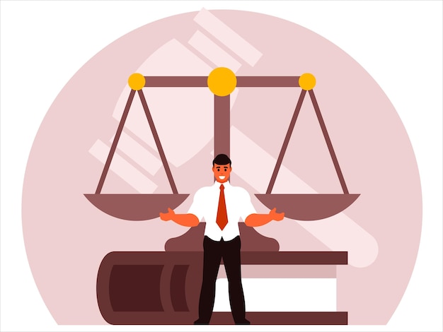 A lawyer stands against the background of scales a code and a judges gavel Vector graphics