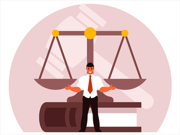 A lawyer stands against the background of scales a code and a judges gavel vector graphics