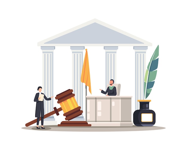 Lawyer woman speaking in courtroom. female attorney or jury standing in front of judge and talking. vector illustration in a flat style