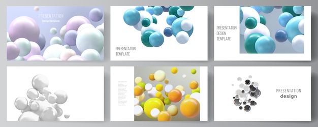 lay-out van de presentatiedia's zakelijke ontwerpsjablonen, multifunctionele sjabloon voor presentatiebrochure, rapport. Realistische achtergrond met veelkleurige 3D-bollen, bubbels, ballen.