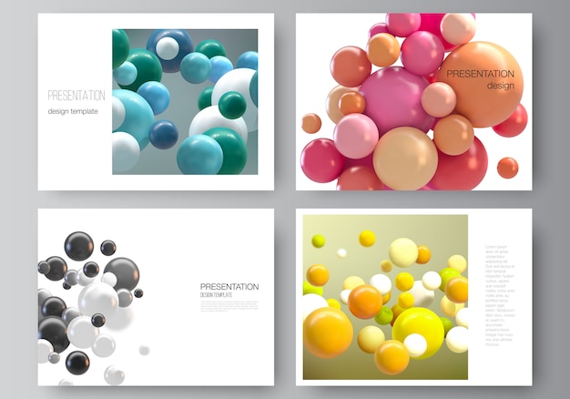 Lay-out van ontwerpsjablonen voor presentatiedia's, multifunctionele sjabloon voor presentatiebrochure, bedrijfsrapport. abstracte futuristische achtergrond met kleurrijke 3d-bollen, glanzende bubbels, ballen.