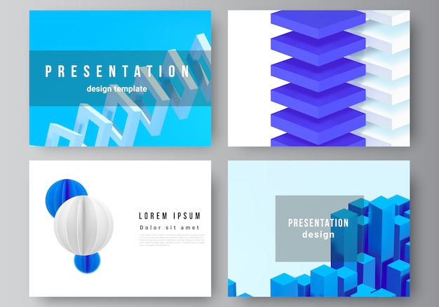 Lay-out van presentatiedia's ontwerpsjablonen, sjabloon voor presentatiebrochure, brochureomslag, bedrijfsrapport. 3d render compositie met dynamische geometrische blauwe vormen in beweging.