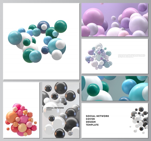 lay-outs van moderne mockups voor sociale netwerken voor omslagontwerp, websiteontwerp, website-achtergronden of reclame. Abstracte futuristische achtergrond met kleurrijke 3D-bollen, glanzende bubbels, ballen.