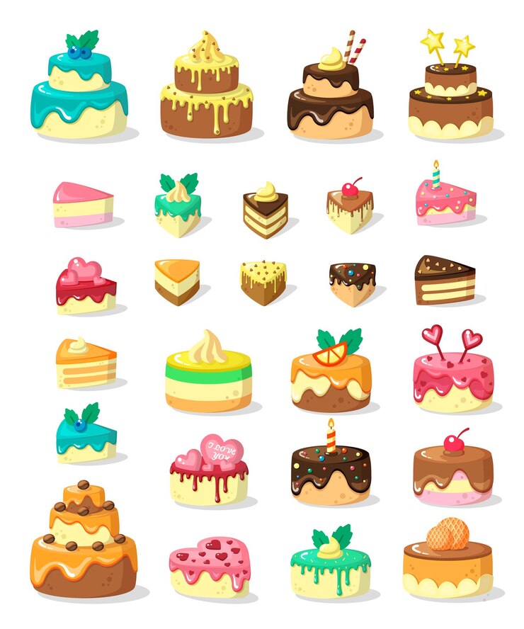 Layered cakes and slices flat illustration set. Multi-tiered frosted pies and portions. Festive confectionery products.