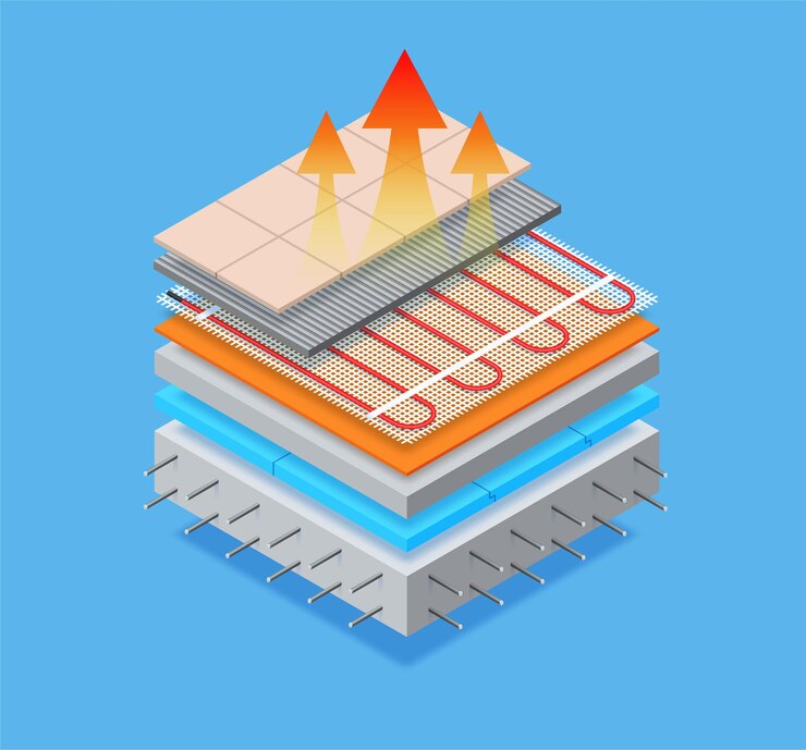 Vector セラミックタイルの下の床暖房システムの層状アイソメ図