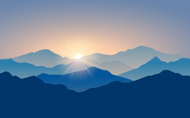 Vector layered mountain landscape with sunlight