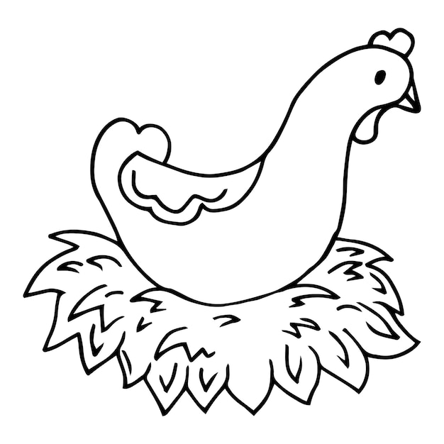 Вектор Курица-несушка в векторе эскиза гнезда. фермерская курица и яйца, нарисованные в стиле винтажной гравюры