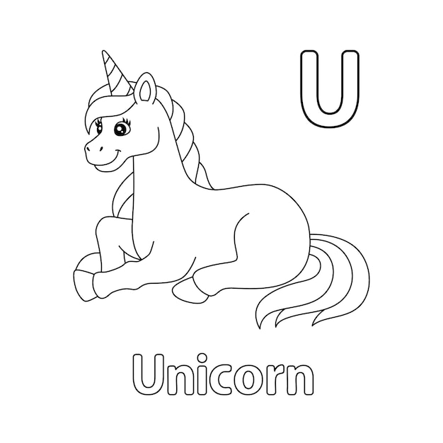 Vector laying unicorn alphabet abc coloring page u