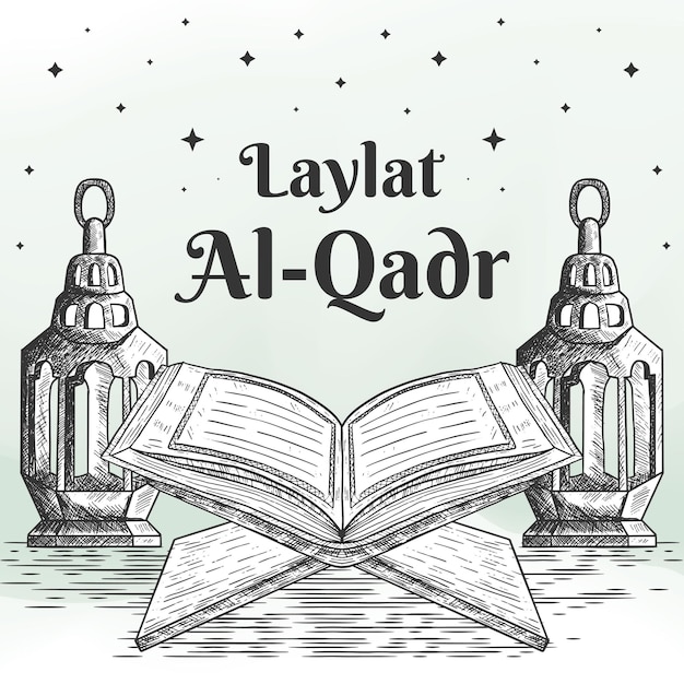 Laylat al qadr illustratie hand getekend met koran en lantaarn